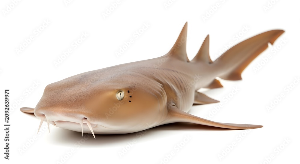 Fototapeta premium Nurse shark swims forward with light studio backdrop showcasing its unique features and underwater marine life