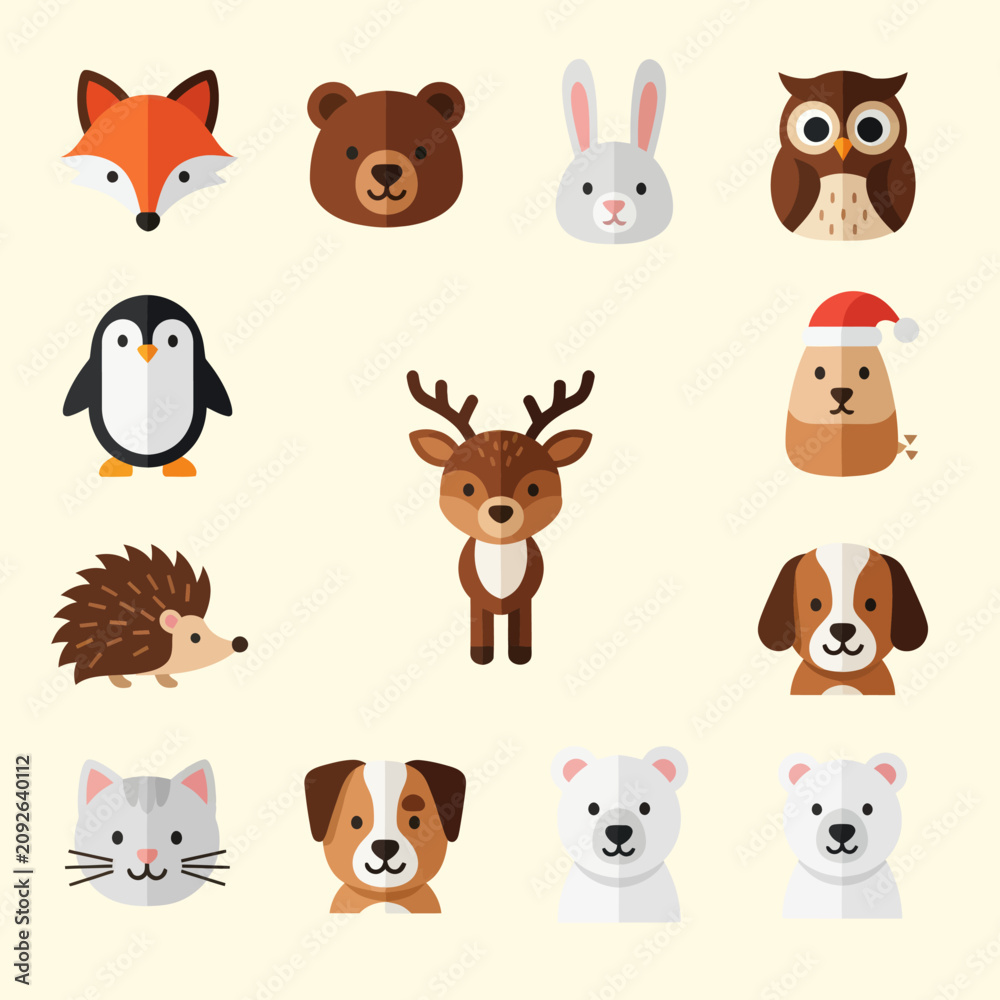 Fototapeta premium Cute Cartoon Animal Faces Set: Fox, Bear, Rabbit, Owl, Penguin, Deer, Dog, Cat