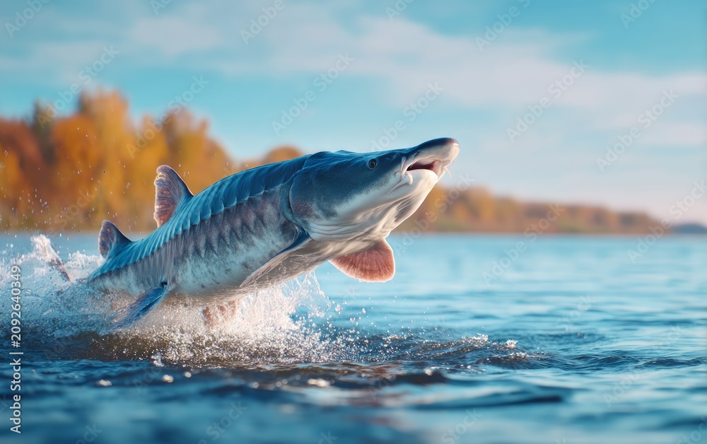 Fototapeta premium Massive Beluga Sturgeon Breaching the Surface of the Volga River