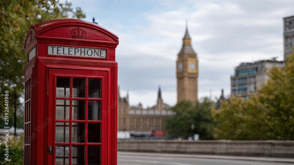 Obraz premium Iconic Red Phone Booth with Blurred Big Ben in London Cityscape Background