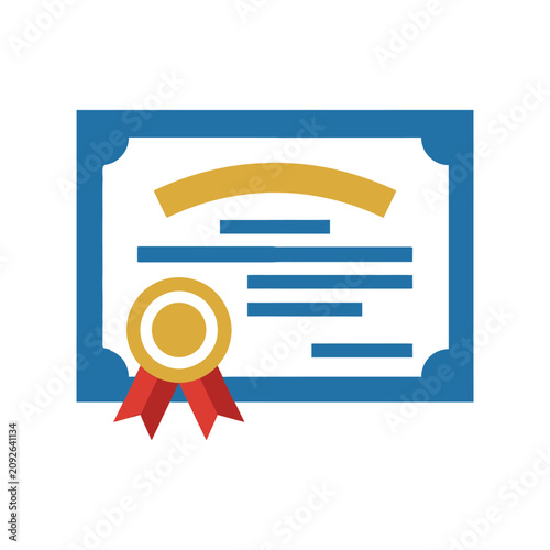 Flat vector icon of a diploma certificate with a gold seal and ribbon