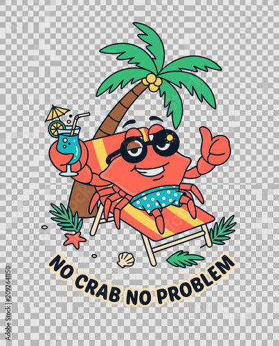 Cartoon crab relaxing with a drink under palm tree, summer vibes, fun beach background, print for summer holidays