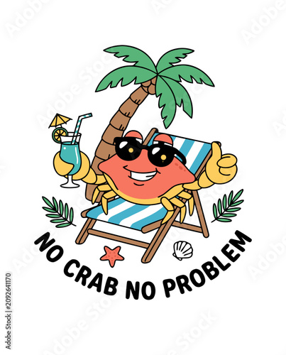 Cartoon crab relaxing with sunglasses on a beach chair, tropical vibe, fun and playful design, print for summer holidays
