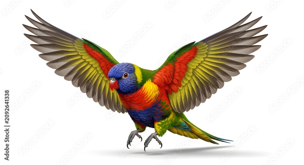 Fototapeta premium Rainbow lorikeet bird in flight against a clean white background with wings spread wide
