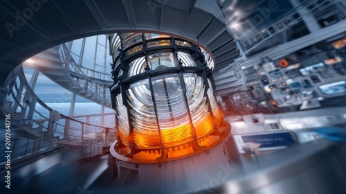 Inside a Modern Lighthouse Lens Chamber with View of the Ocean