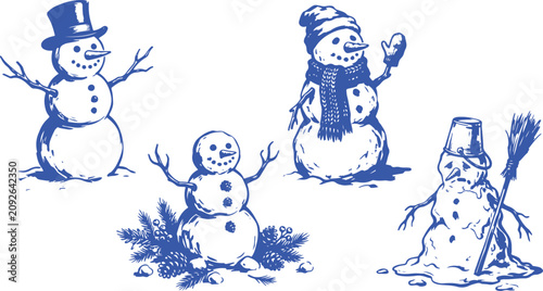 Hand Drawn Vintage Snowman Collection Engraving Style Winter Holiday Vector Illustration Set.
