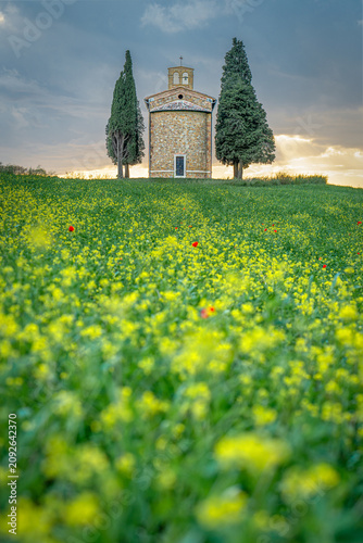 Cappella della Madonna di Vitaleta at Sunset in Val d'Orcia, Tuscany, Italy