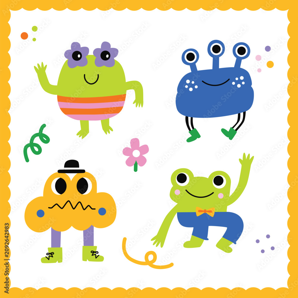 Fototapeta premium Playful Frog Character Set with Cute Hand-Drawn Cartoon Style