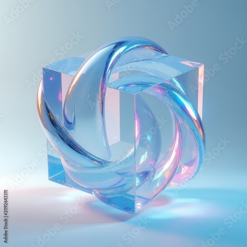 Abstract transparent cube shape with blue swirling liquid inside. Futuristic object design with light reflections and soft pastel color gradient background. Modern art.