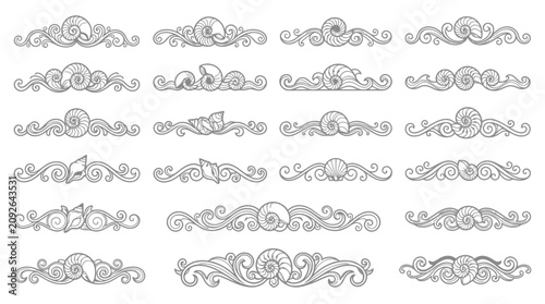 Set of seashell decorative dividers, ornate frames, scroll elements, nautical borders vector art.