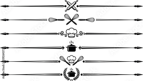 Fotografie Minimalist cooking and baking line dividers with kitchen tools and chef icons tr