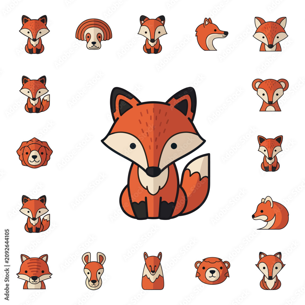 Obraz premium Cute Cartoon Fox and Forest Animals Set, Vector Illustrations