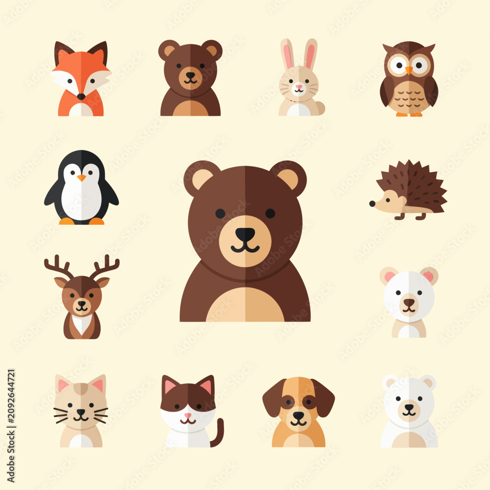 Fototapeta premium Cute Flat Animal Icons Set - Forest, Arctic, Domestic Creatures