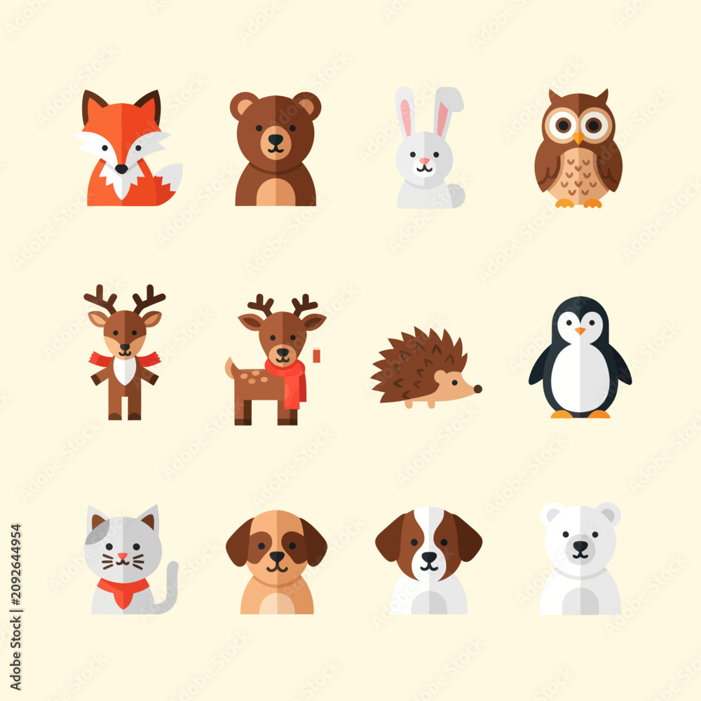 Fototapeta premium Cute Flat Animal Icons Set: Fox, Bear, Rabbit, Owl, Deer, Hedgehog, Penguin, Cat, Dog