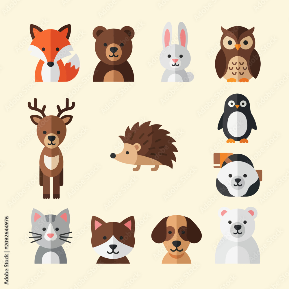 Obraz premium Cute Flat Animal Icons Set: Fox, Bear, Rabbit, Owl, Deer, Penguin, Cat, Dog