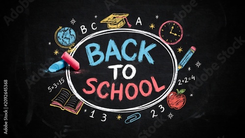 A vibrant chalkboard illustration depicts the excitement of returning to school featuring books pencils an apple and mathematical equations