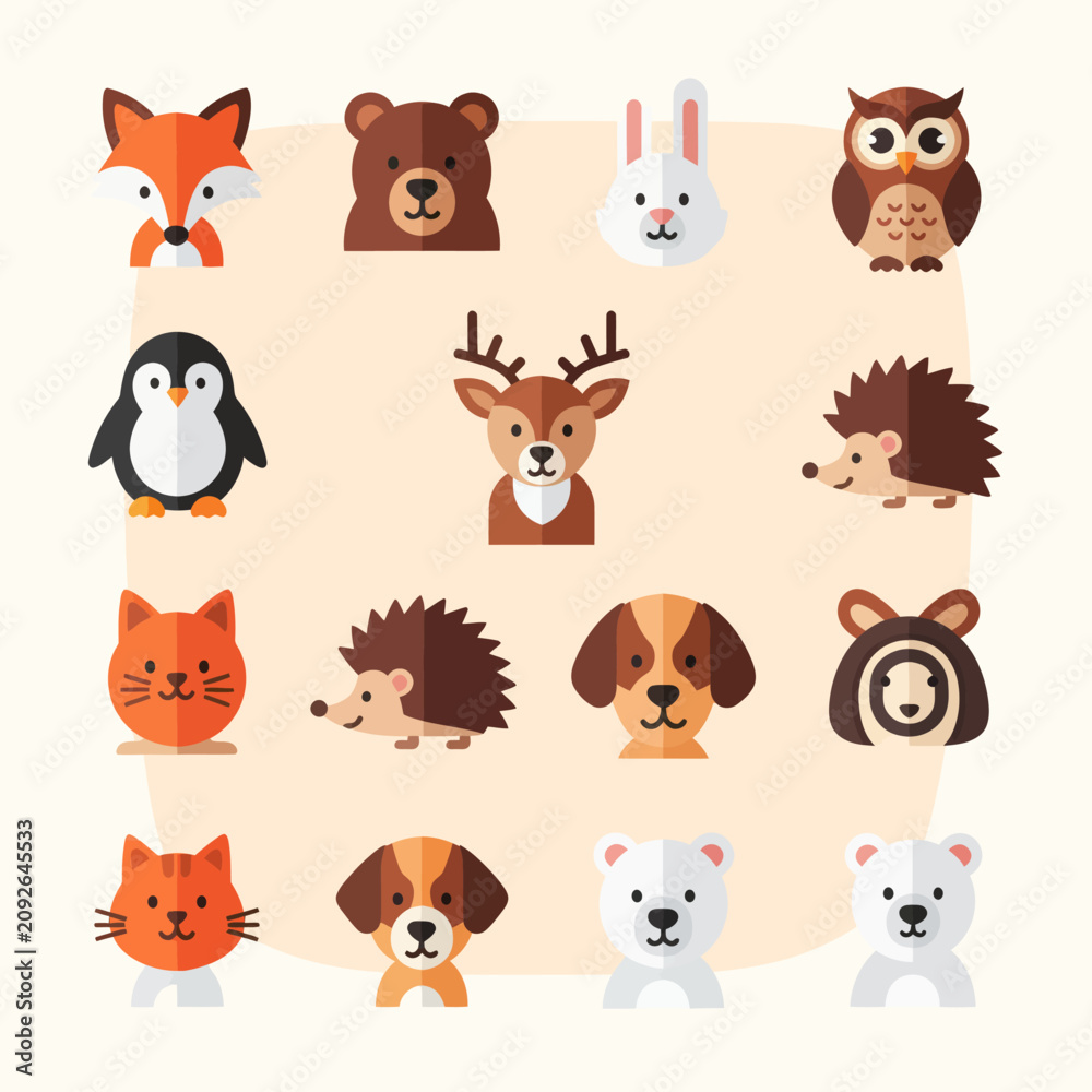 Fototapeta premium Cute Flat Animal Icons Set: Fox, Bear, Rabbit, Owl, Penguin, Deer, Hedgehog, Cat, Dog