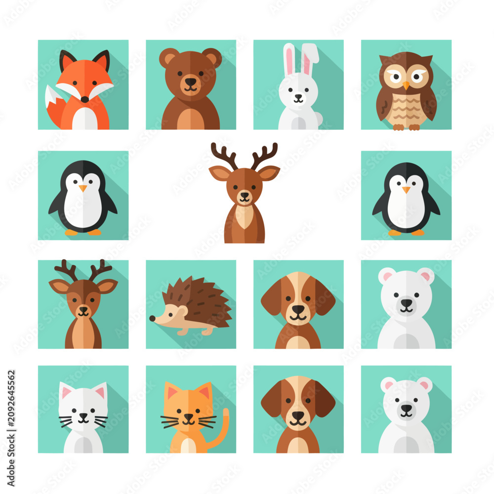 Obraz premium Cute Flat Animal Icons Set: Fox, Bear, Rabbit, Owl, Penguin, Deer, Hedgehog, Dog, Cat