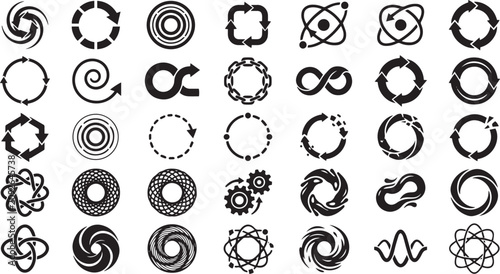 Vector Geometric Cycle Graphic Elements Featuring Atom Orbit Spiral Wave Gear and Sustainable Recycle Arrows