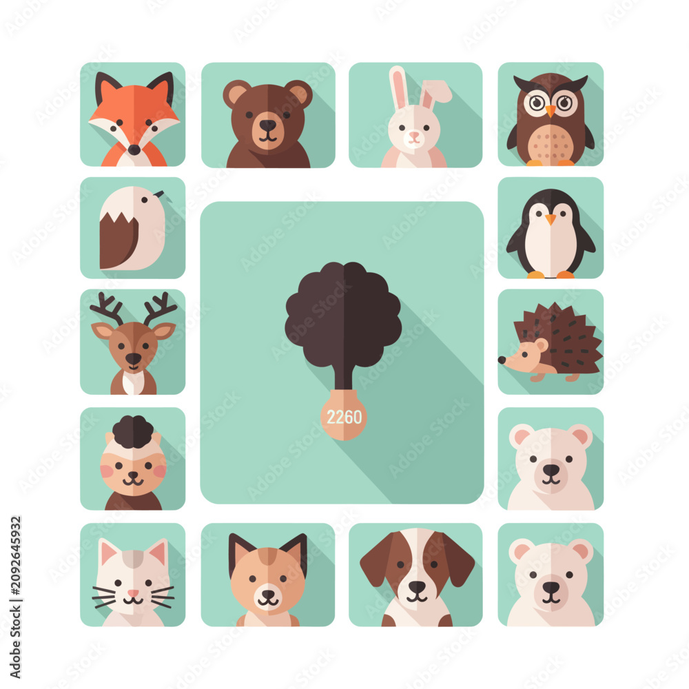 Fototapeta premium Cute Flat Forest Animals Icon Set with Tree