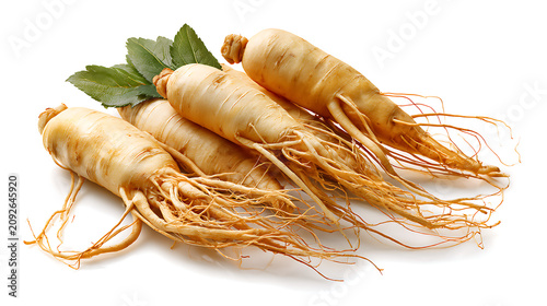 Ginseng root. Ginseng, the energy root. Four whole ginseng roots.