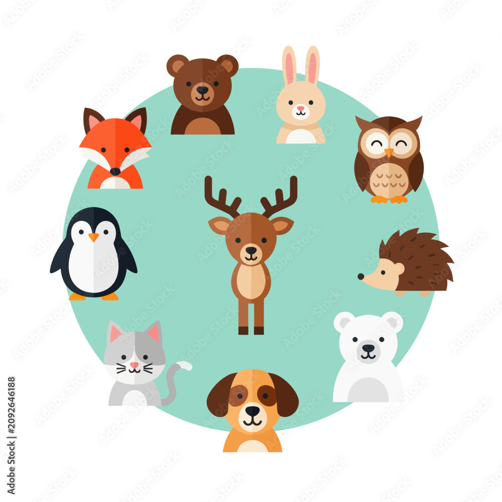 Naklejka premium Cute Forest Animals Circle Illustration: Fox, Bear, Bunny, Owl, Deer, Hedgehog