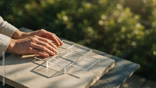 Person placing transparent plastic puzzle pieces on marble surface outdoors