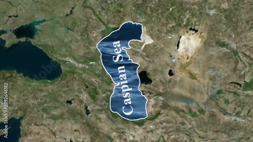 Caspian sea geographic map animation showing water texture overlay and location labels for educational purposes in this high quality dynamic digital motion video clip for students