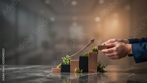 Person placing block on growing business graph with plants and upward arrow on table in office
