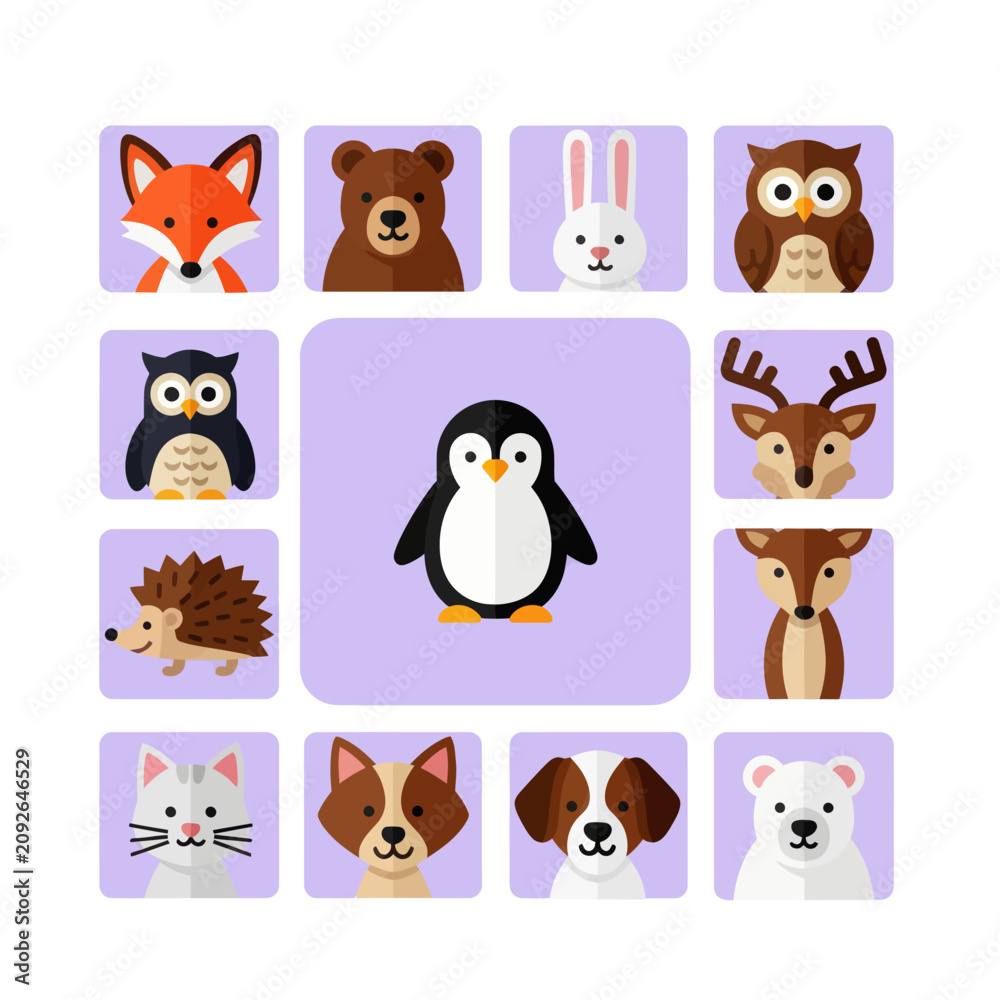 Obraz premium Cute Forest Animals Collection - Penguin, Fox, Bear, Owl, Deer, Rabbit, Cat, Dog