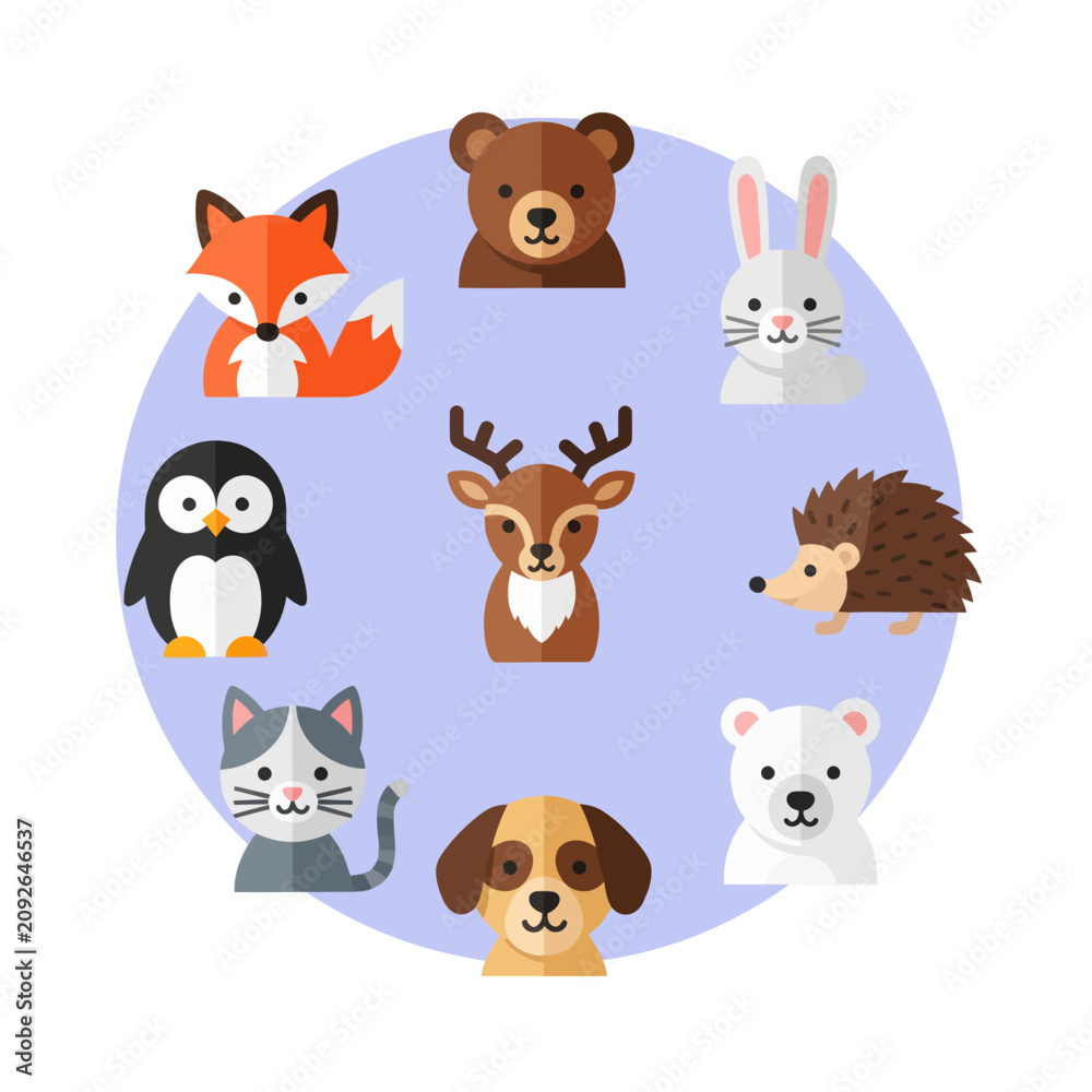 Fototapeta premium Cute Forest Animals Collection Flat Design Icons