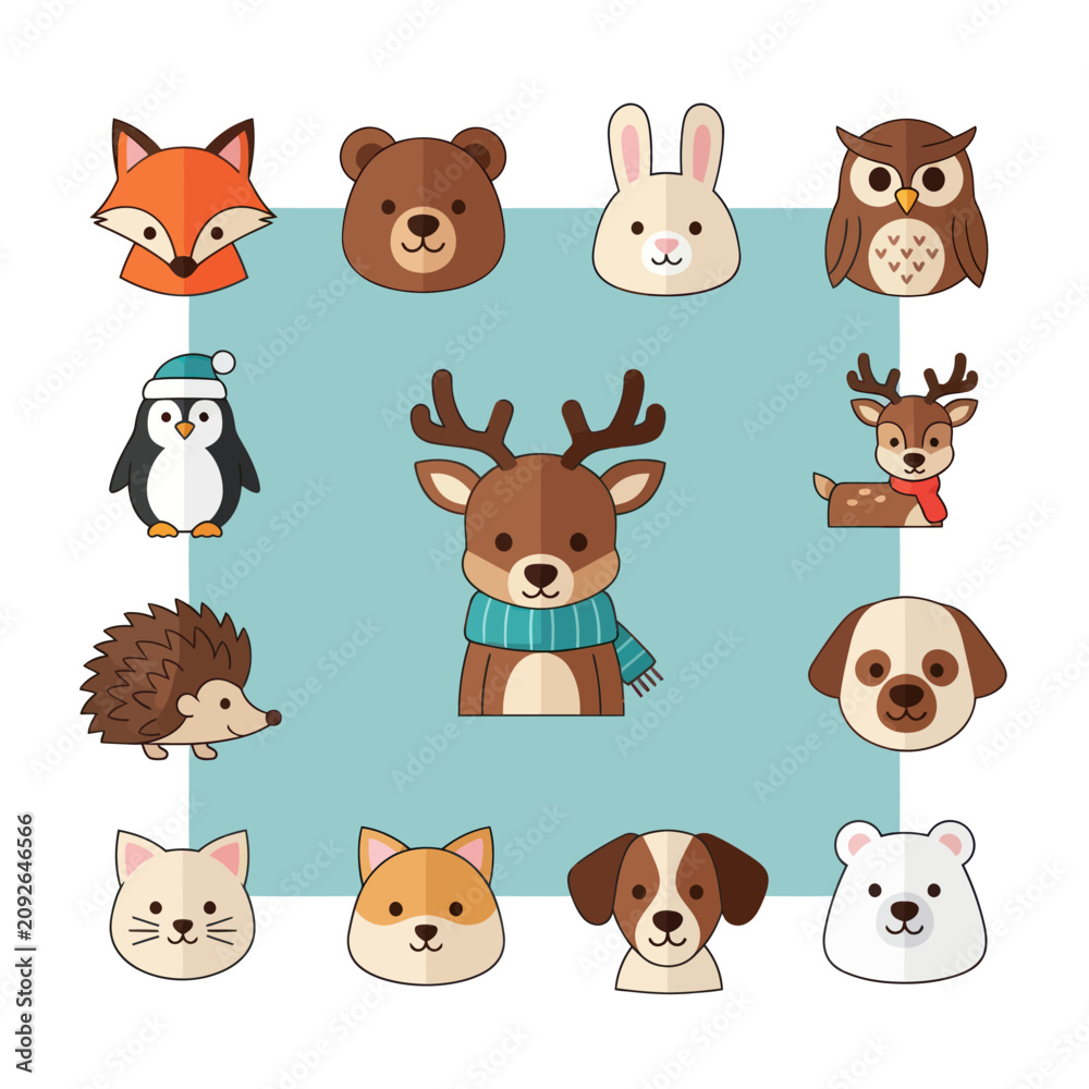 Fototapeta premium Cute Forest Animals Collection: Fox, Bear, Rabbit, Owl, Penguin, Deer, Dog, Cat, Hedgehog