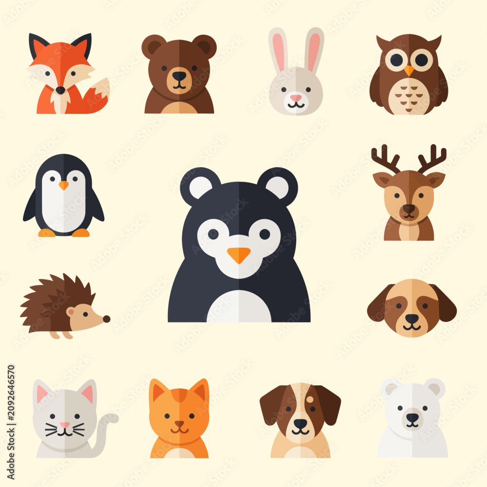 Fototapeta premium Cute Forest Animals Collection: Fox, Bear, Rabbit, Owl, Penguin, Deer, Dog, Cat