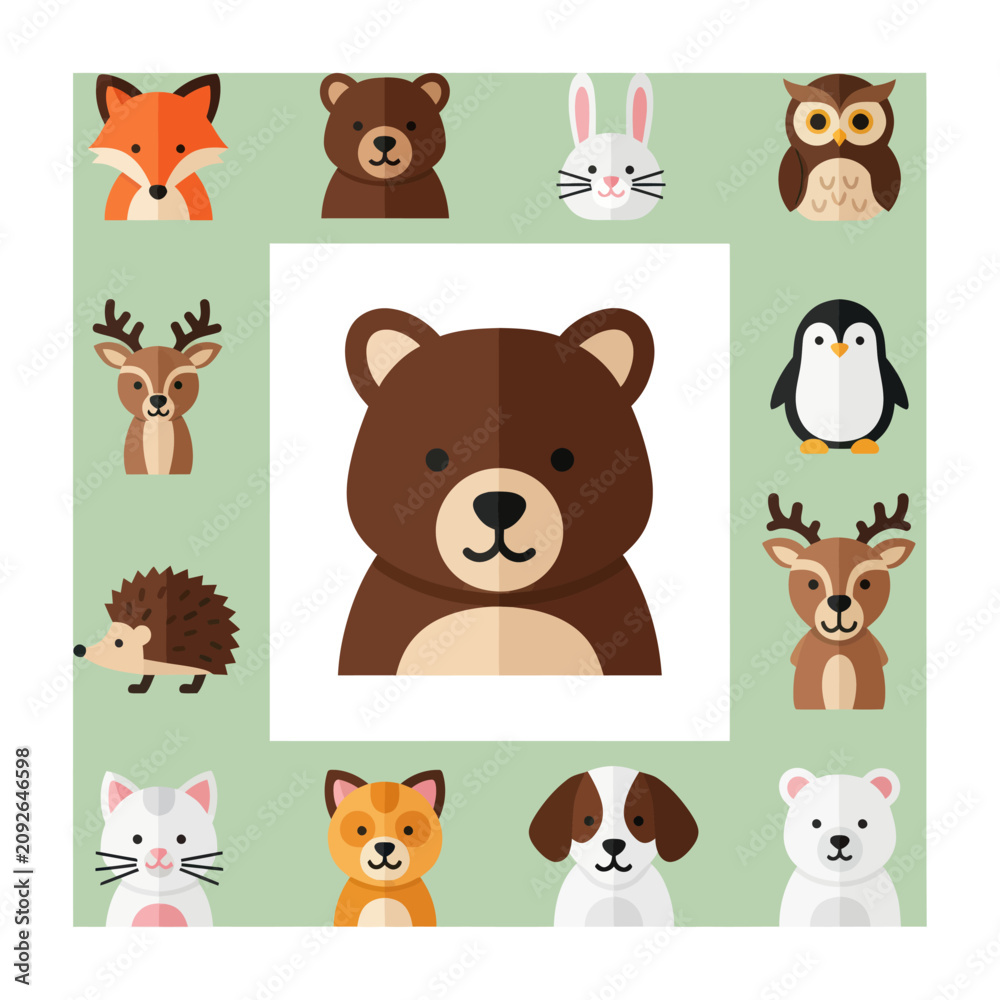 Fototapeta premium Cute Forest Animals Collection Vector Icons Set, Cartoon Style