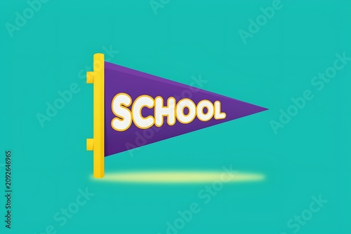 A vibrant stylized illustration of a purple pennant flag with the word school prominently displayed for educational themes and back to school concepts