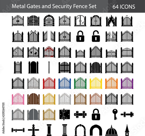 Metal gates and security fence set. Containing wrought iron gates, driveway gates, garden fences, padlocks, keys, door hinges, and many more