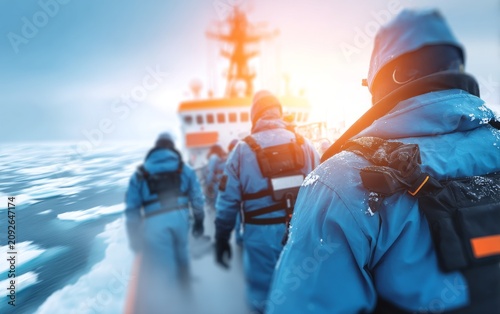 Arctic Research Crew on Vessel Navigating Icy Waters at Dawn
