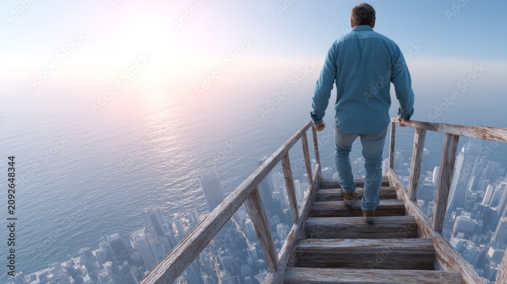 Naklejka premium Male Entrepreneur in Casual Clothes Climbing Towards a Bright Future