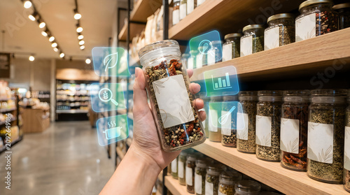 Hand holding spice jar, supermarket shelf background, colorful dried herbs and spices, grocery store aisle