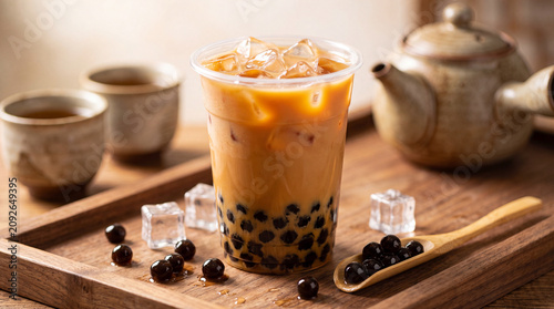 Фотография Iced milk tea with black tapioca pearls on a wooden tray