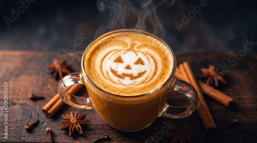 Foto Halloween pumpkin latte art in a glass cup with spices