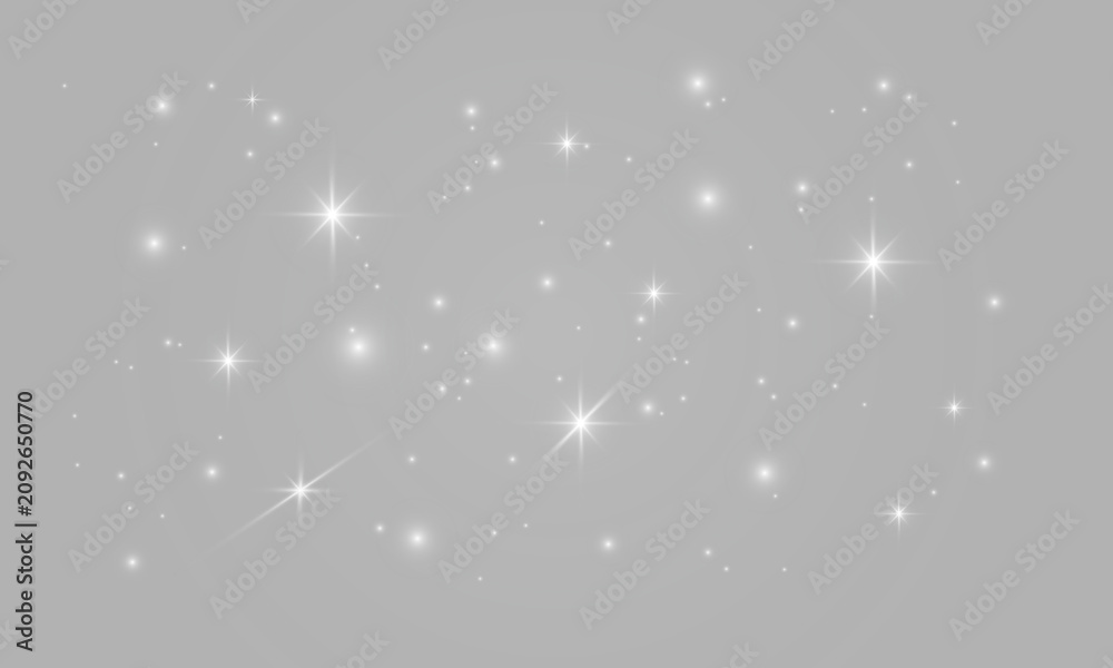 Fototapeta premium Sparkling white glittering twinkling stars burst and glowing light particles overlay for dark night sky fantasy background and Christmas, snow, winter, Xmas effect on transparent PNG