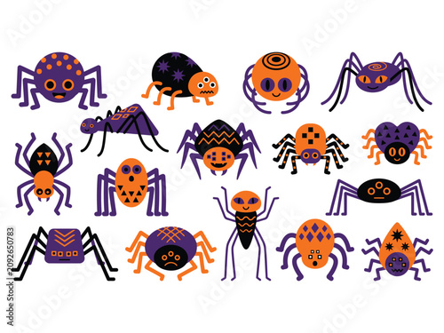 Cute Halloween Spider Character Bundle Flat Vector Clipart Collection Spooky Cartoon Spider Set Pack