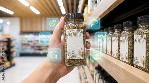 Hand holding spice bottle with eco icons, sustainable food shopping, grocery store shelf background