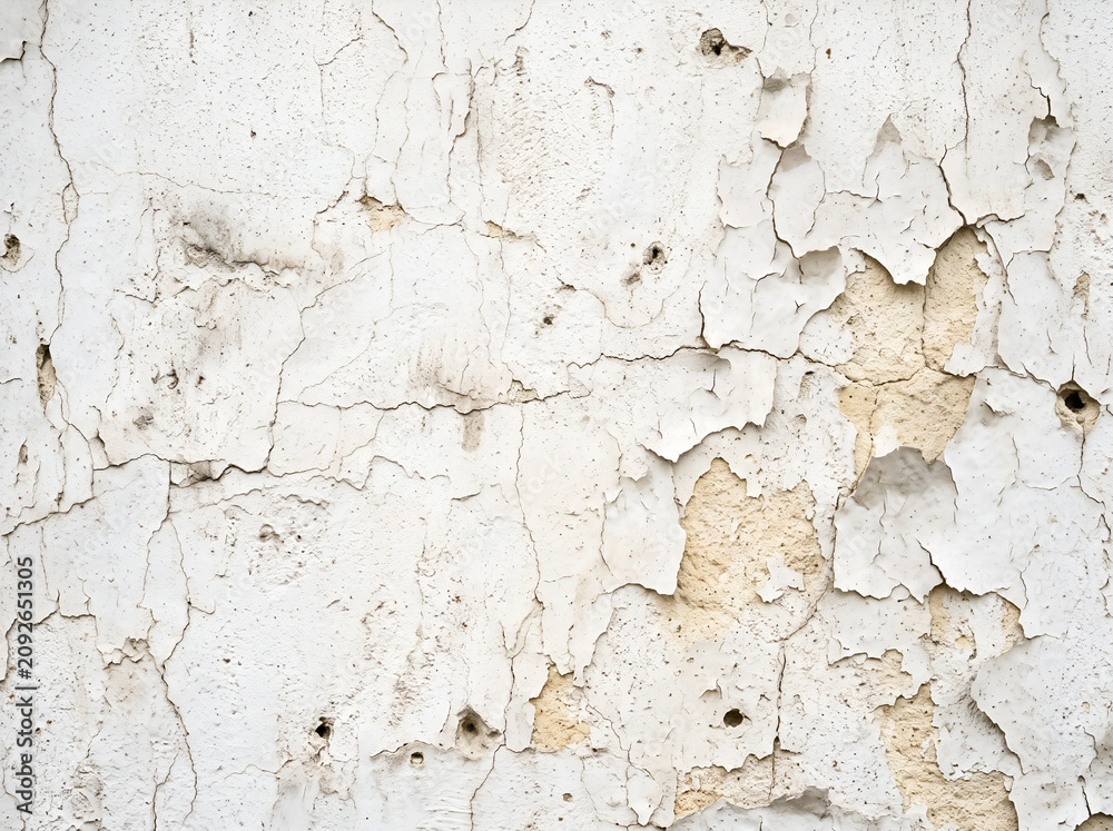 Fototapeta premium A close-up view of a weathered white wall with peeling paint and cracks.