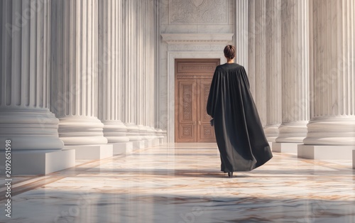 Female Judge in Court Robes Walking Away from Camera in Elegant Courtroom