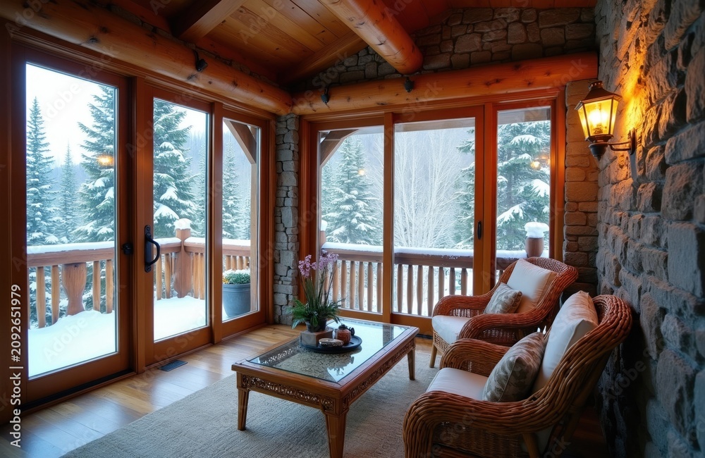 Fototapeta premium Interior mountain lodge room with wicker chairs facing snowy forest view from large windows. Warm lighting and stone wall create cozy winter atmosphere.