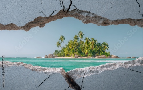 Cracked Wall Showing Tropical Island View Through the Damaged Surface