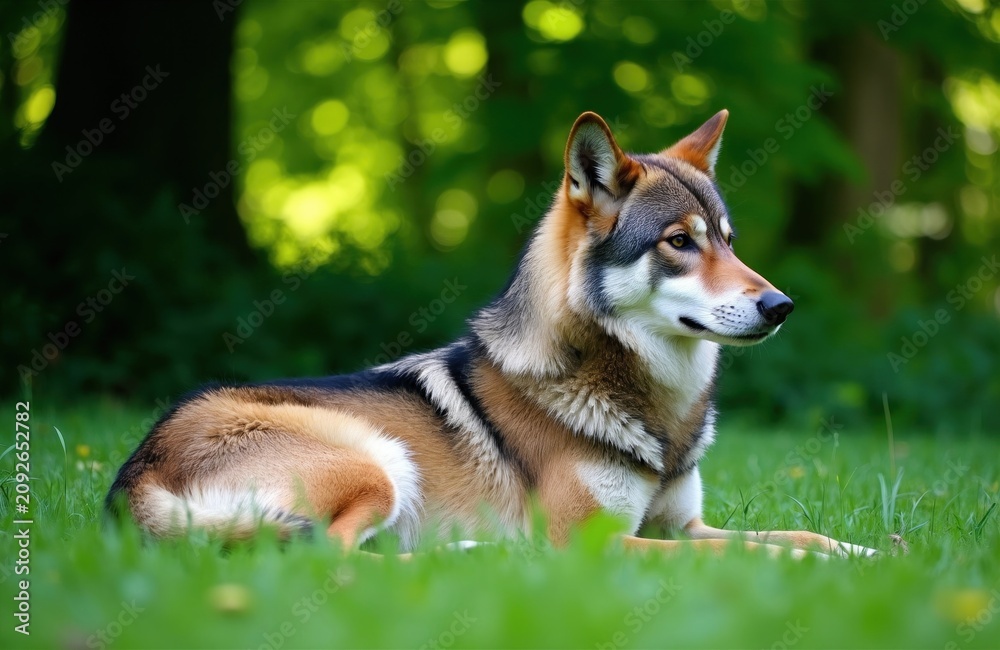 Fototapeta premium Grey wolf rests on green grass in park. Wild animal looks attentively to side. Creature has fur coat and alert ears. Nature background with trees.
