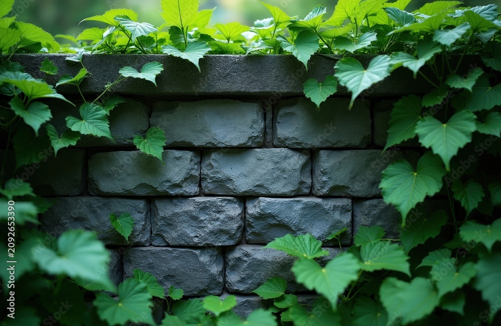 Obraz premium Green leaves grow on stone wall. Plants climb over rough brick surface. Nature thrives on textured structure. Fresh foliage surrounds garden boundary.
